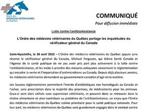 Avril 2015 : L’Ordre des médecins vétérinaires du Québec partage les inquiétudes du vérificateur général du Canada