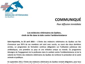 Avril 2015 : Les médecins vétérinaires du Québec, chefs de file dans la lutte contre l’antibiorésistance